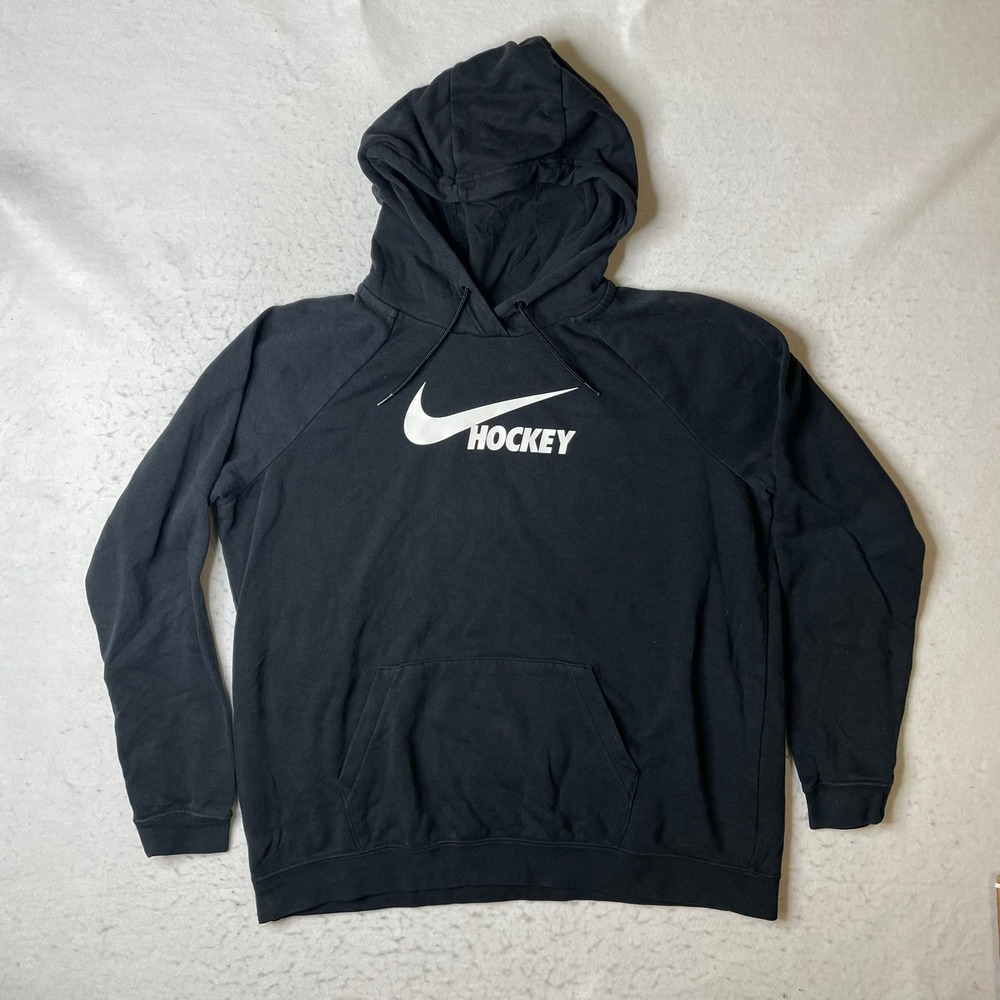 Nike Hockey Hoodie Mens XL Black Swoosh Graphic Raglan‎ Fleece Pullover